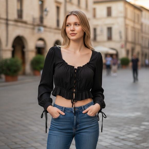 Kittenish Tops - KITTENISH Black Satin Tie Front Cropped Crop Long Sleeve Blouse Top Medium